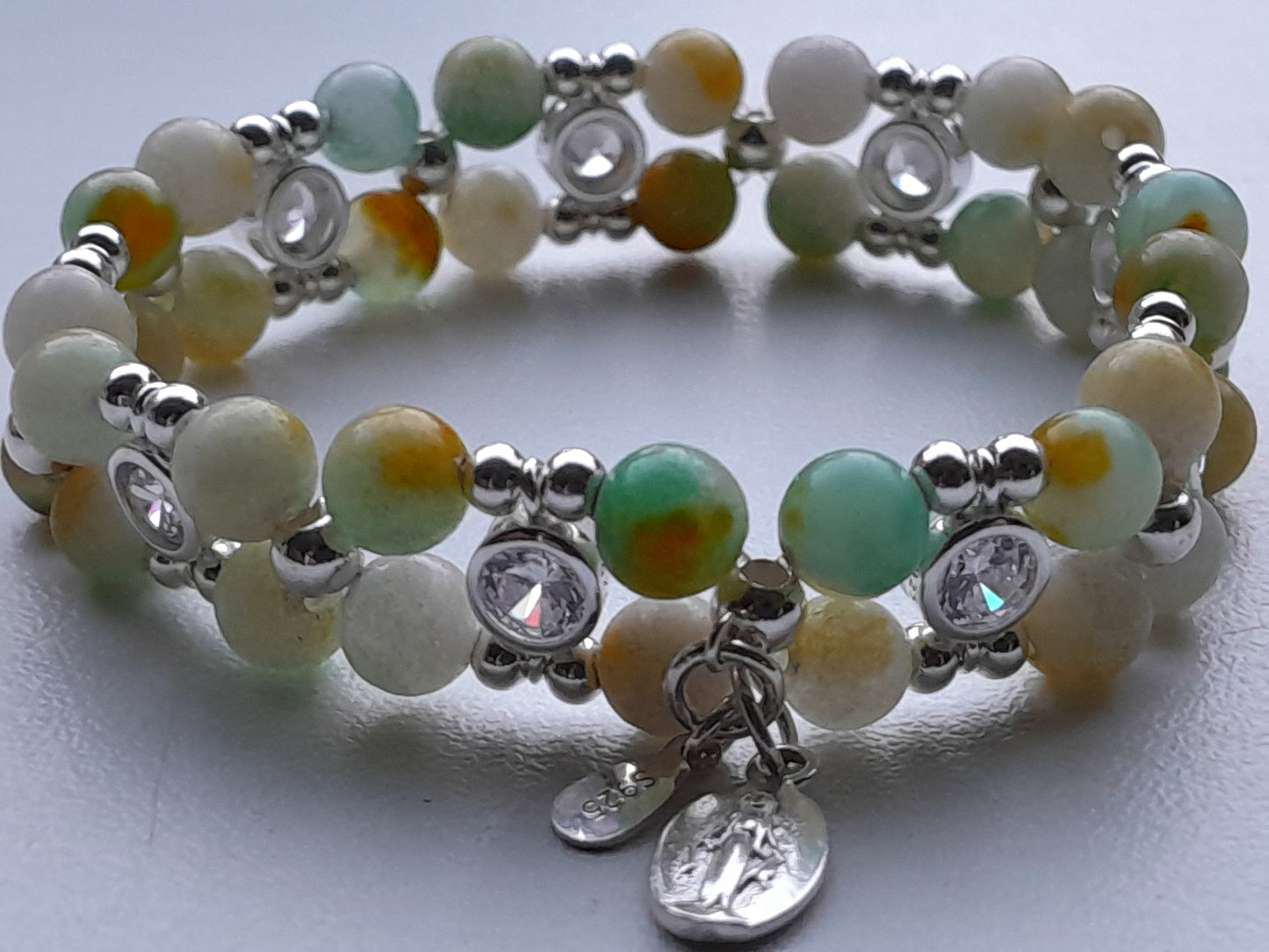 Jadeite Kiwi Bracelet with zirkon and 925 sterling silver (15-16cm) (59)