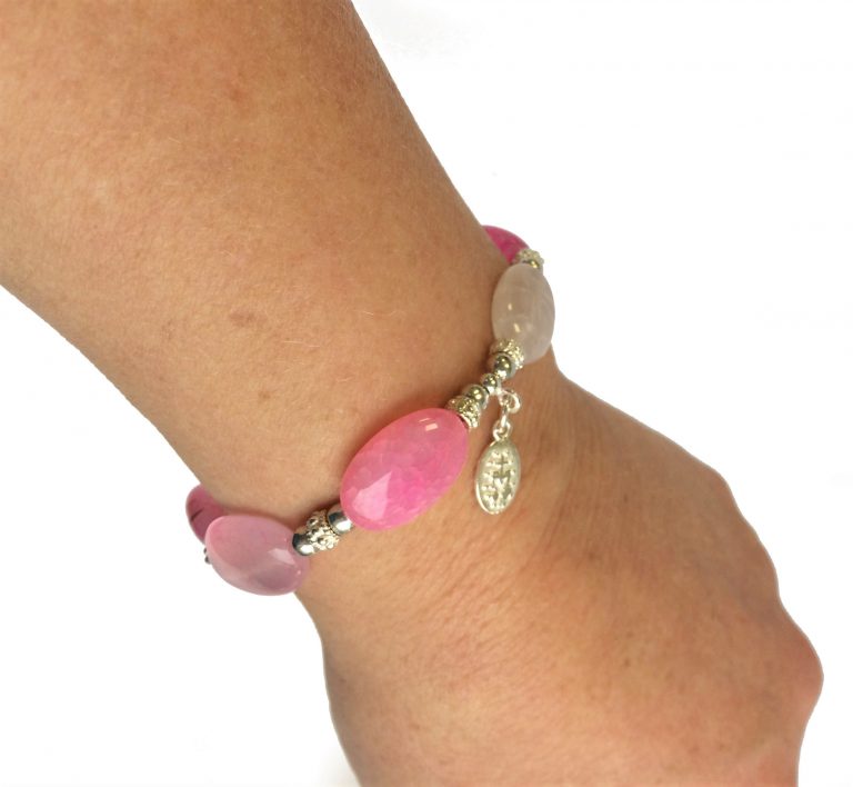 Agate Pink Oval Coin 6mm) bracelet in 925 sterling silver (16-17cm) (83)