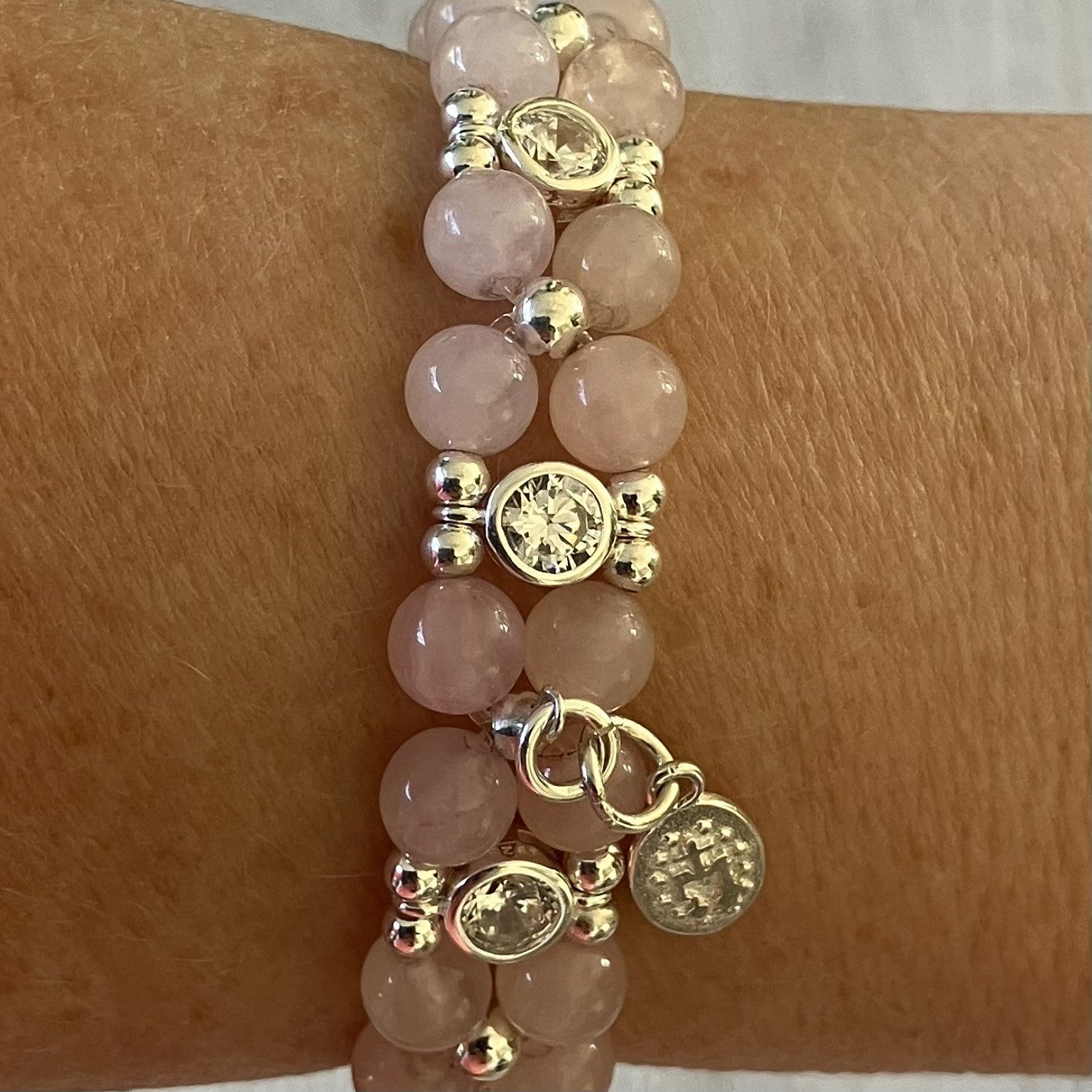 Rose quartz 6mm Bracelet with zirkoon and 925 silver (17-18cm) (96-1)