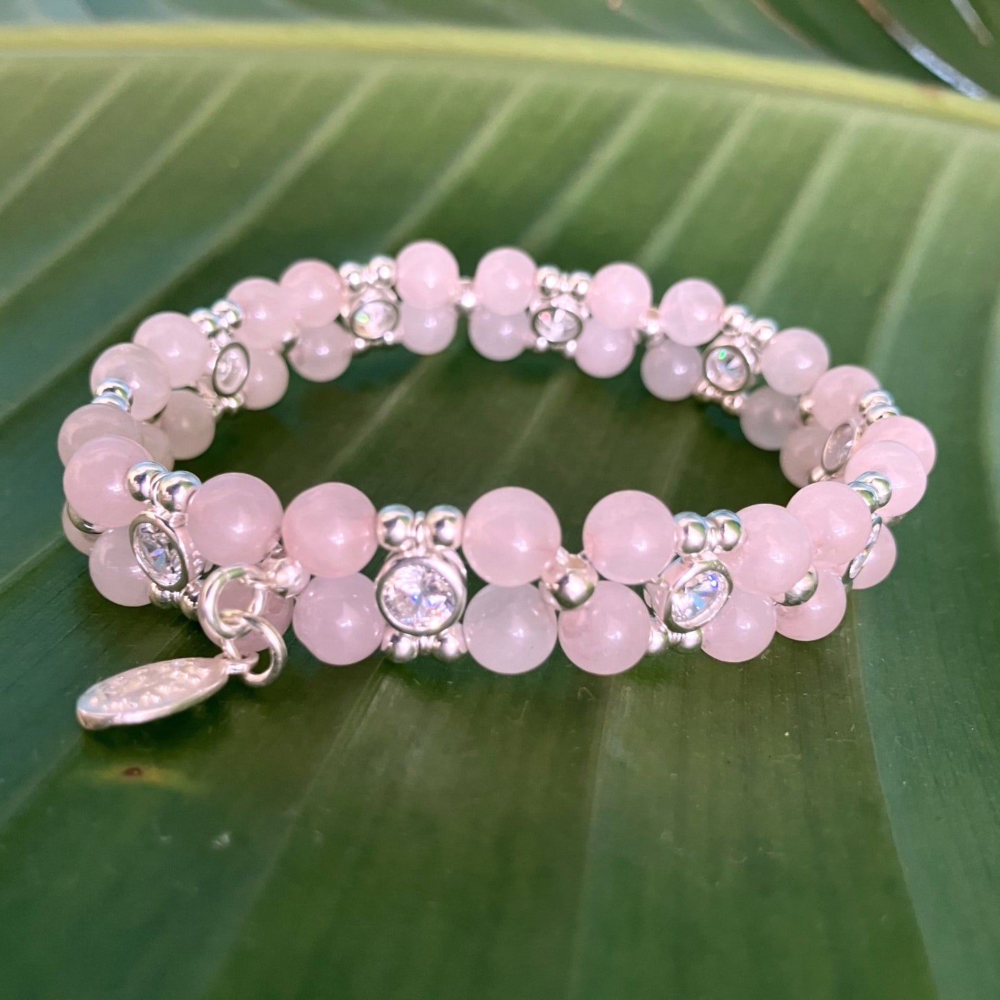Rose quartz 6mm Bracelet with zirkoon and 925 silver (17-18cm) (96-1)