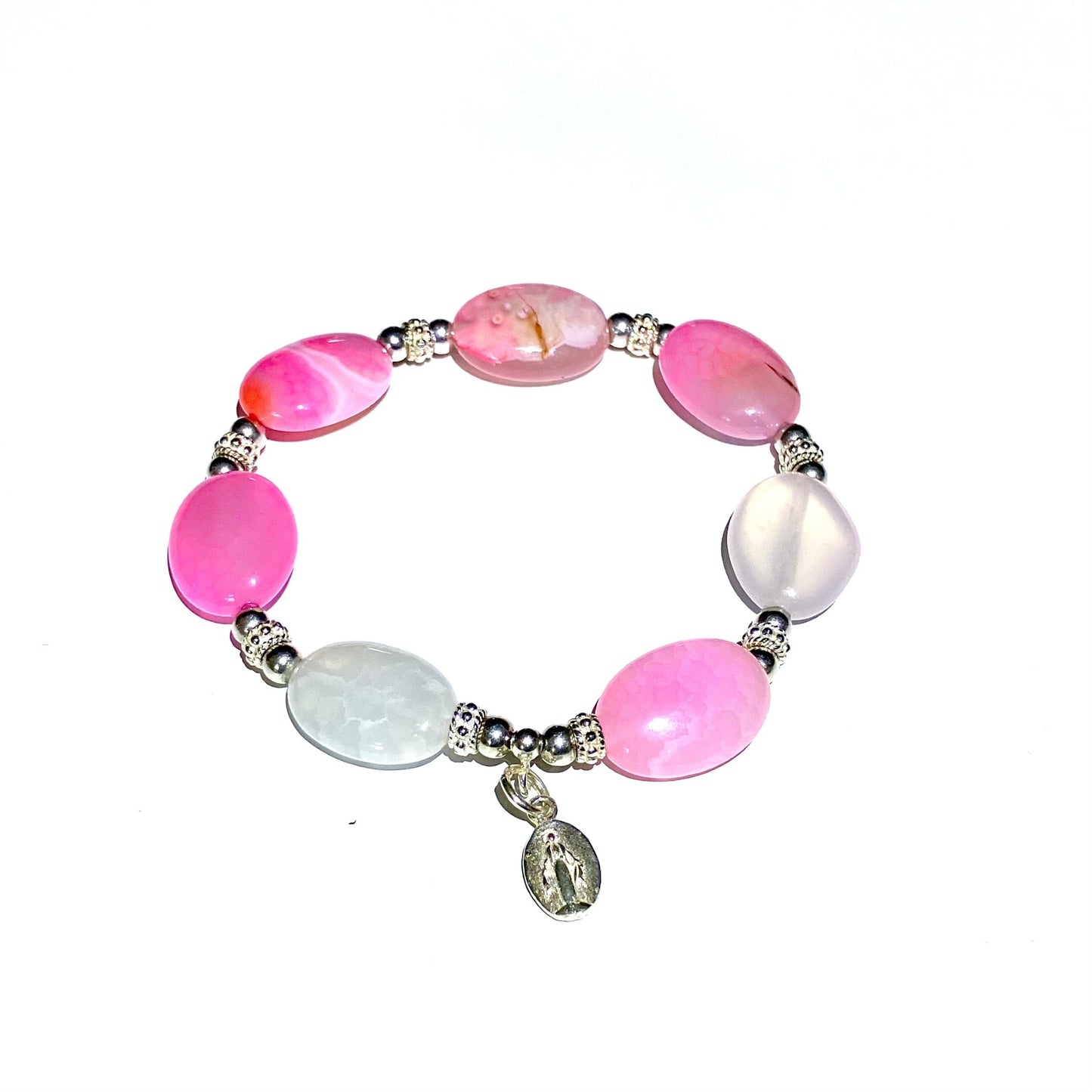Agate Pink Oval Coin 6mm) bracelet in 925 sterling silver (16-17cm) (83)