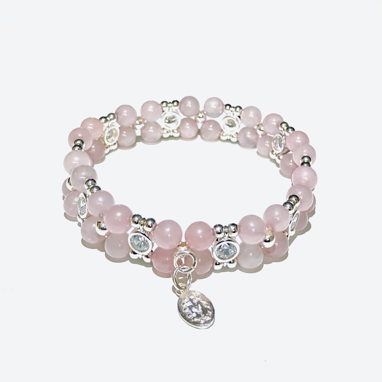 Rose quartz 6mm Bracelet with zirkoon and 925 silver (17-18cm) (96-1)