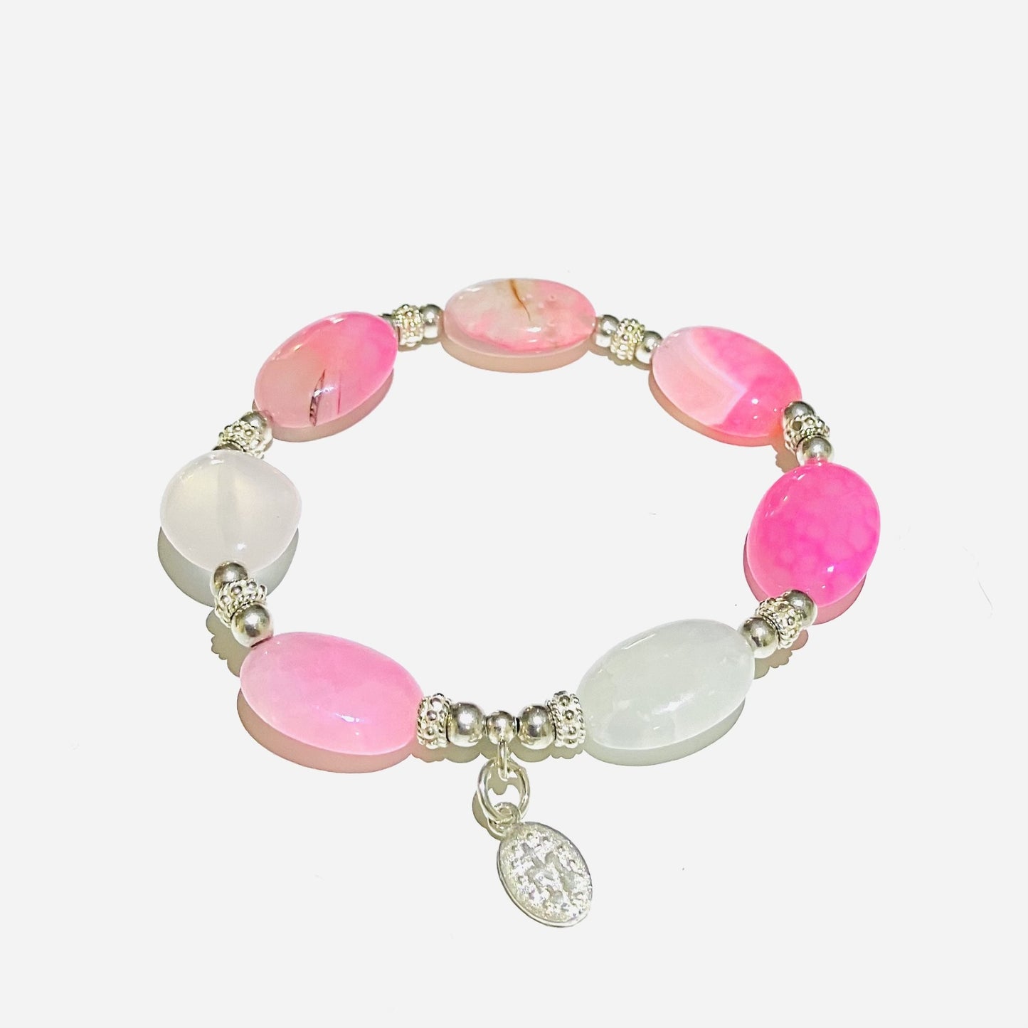 Agate Pink Oval Coin 6mm) bracelet in 925 sterling silver (16-17cm) (83)