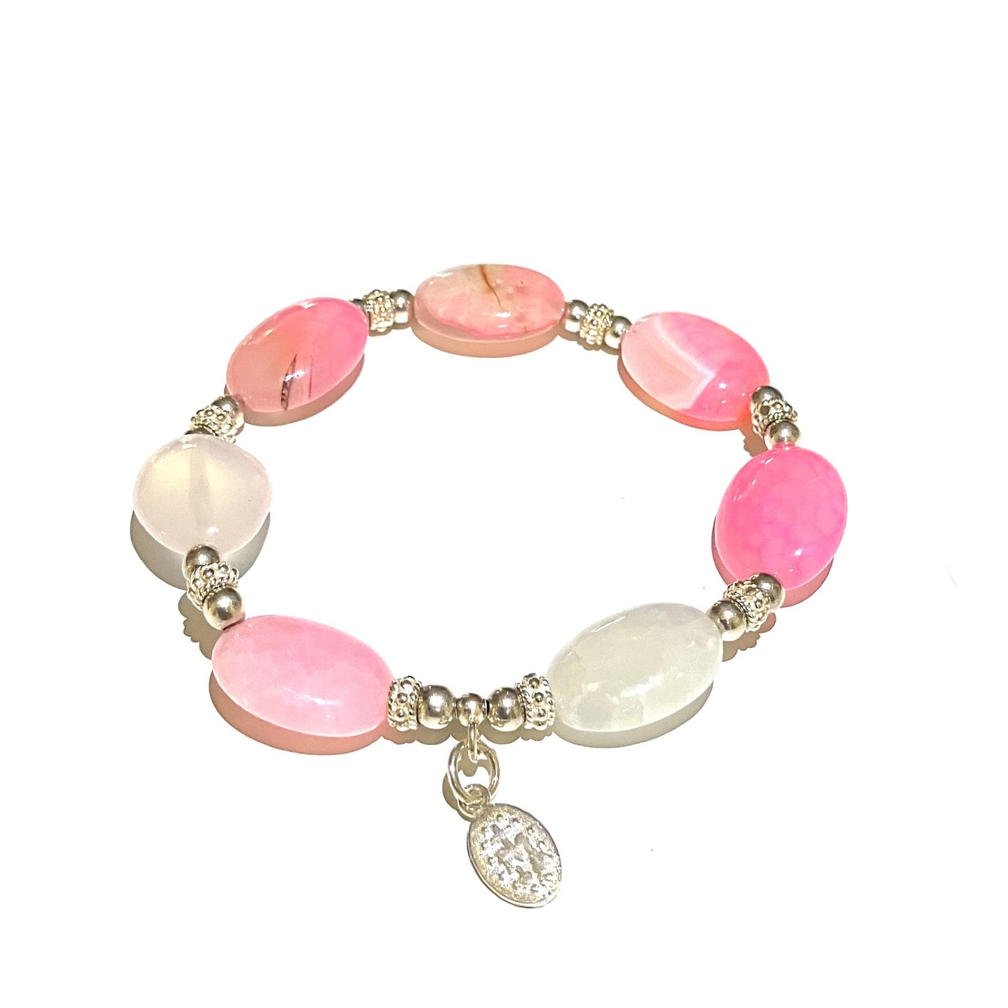 Agate Pink Oval Coin 6mm) bracelet in 925 sterling silver (16-17cm) (83)