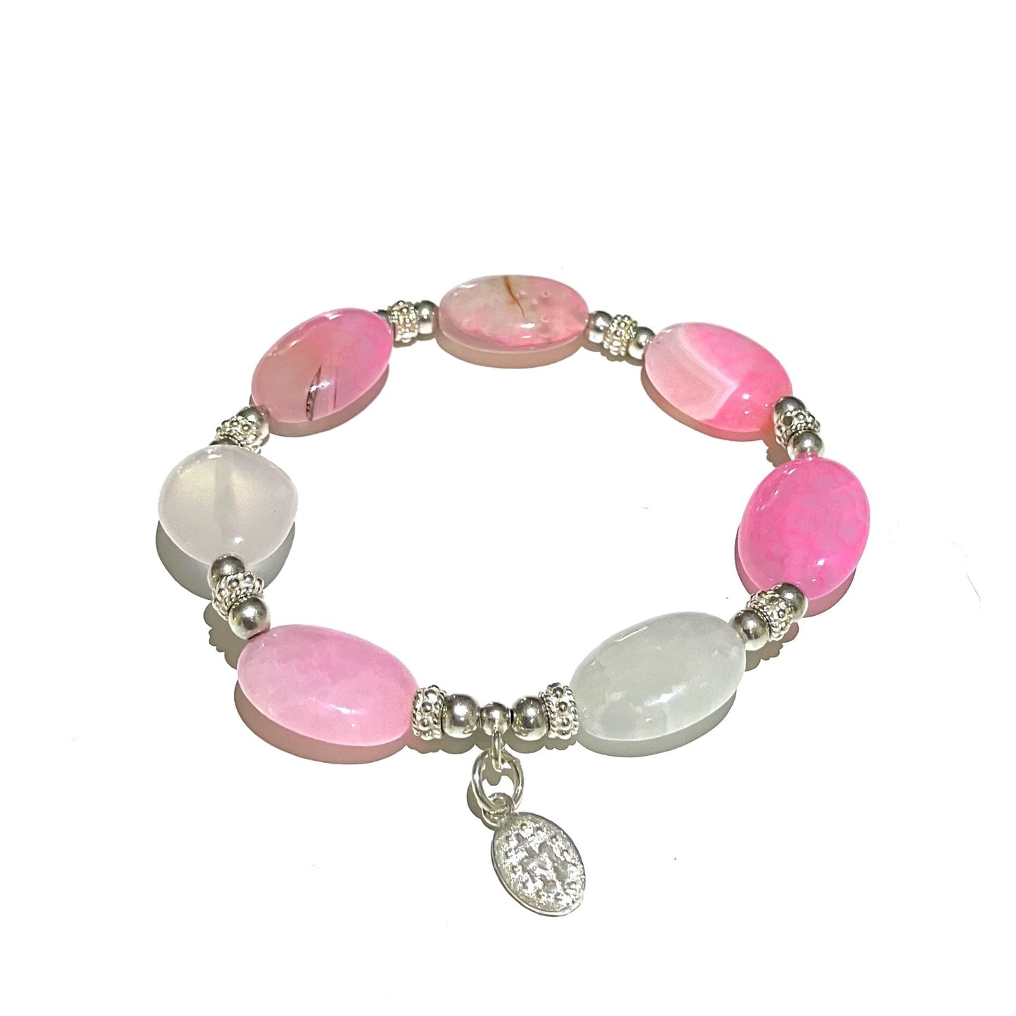 Agate Pink Oval Coin 6mm) bracelet in 925 sterling silver (16-17cm) (83)