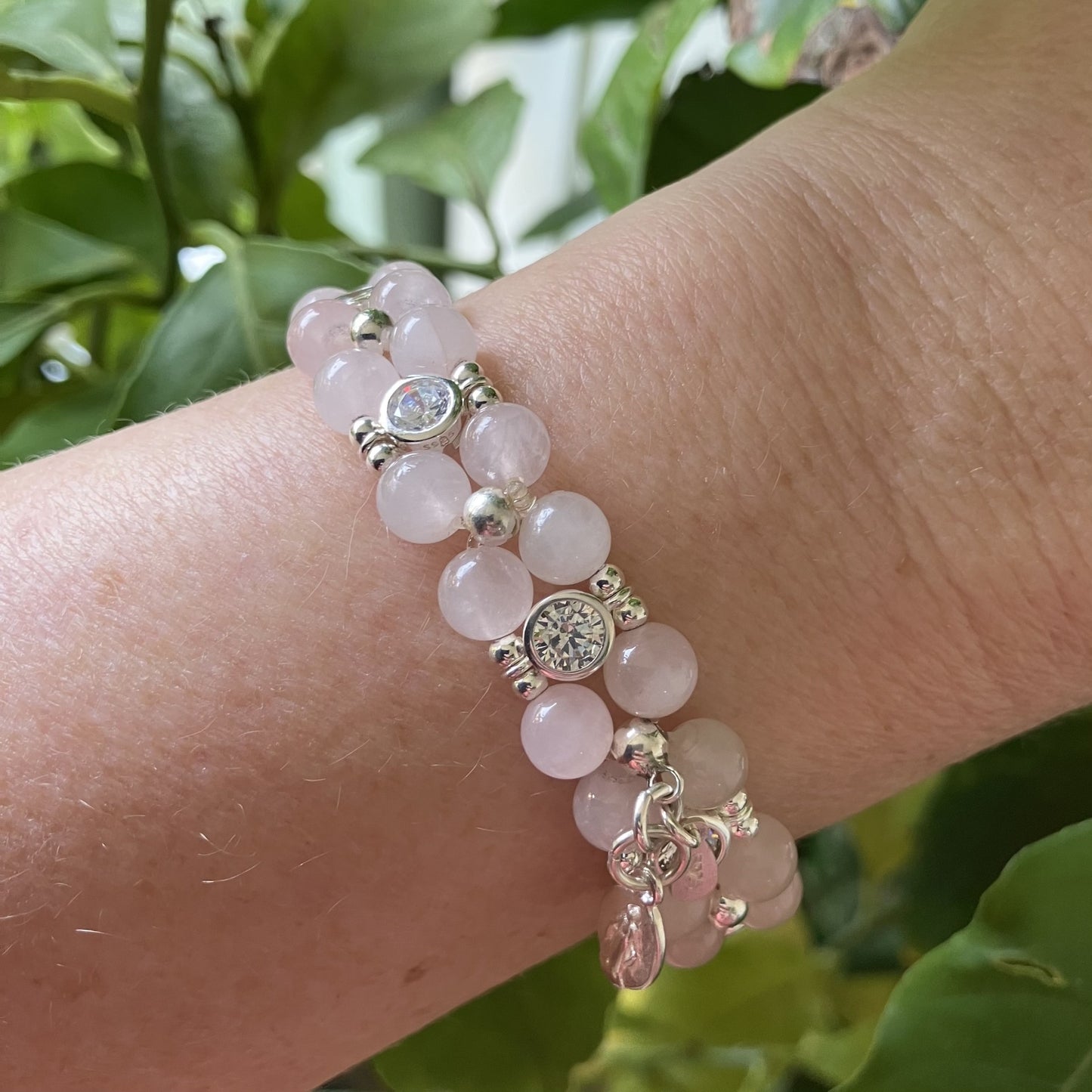 Rose Quartz 6mm Bracelet with zirkoon and 925 silver (16-17cm) (96-2)