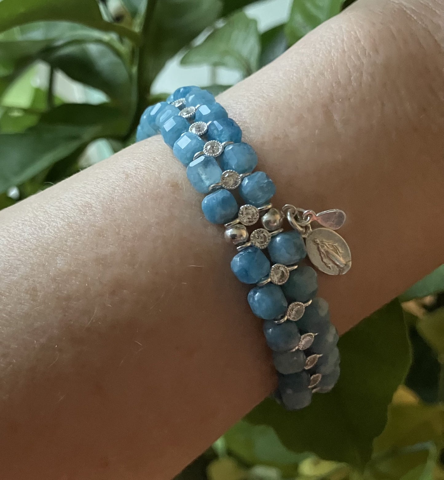 Chalcedony Blue Bracelet 925 sterling silver-14 kt gold plated (16-17cm) (105)