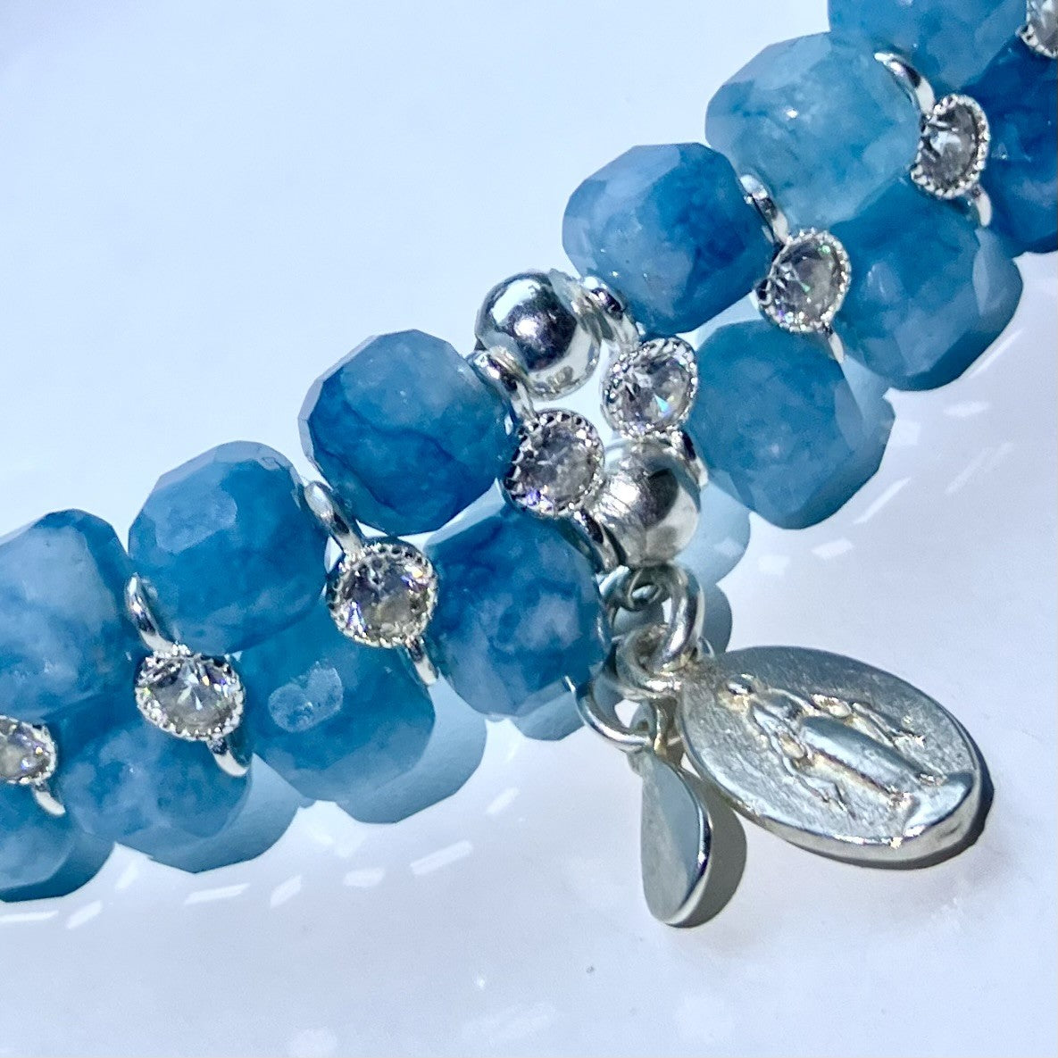 Chalcedony Blue Bracelet 925 sterling silver-14 kt gold plated (16-17cm) (105)