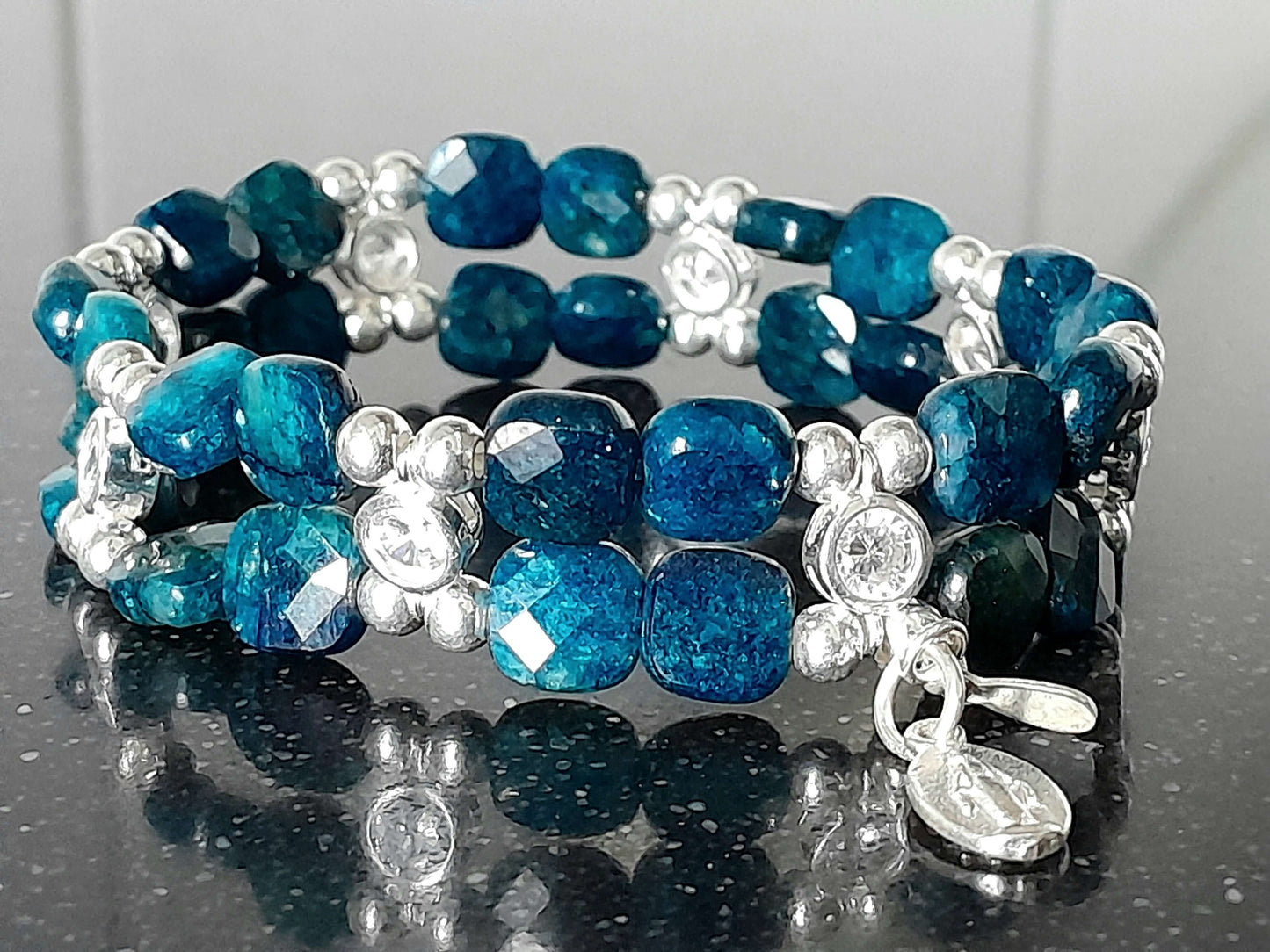 Apatite Bracelet in faceted squares - silver (16-17cm) (6)