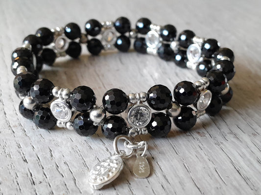 Black Tourmaline women's bracelet with 925 sterling silver accents and sparkling zirconia, 16-17cm wrist size.