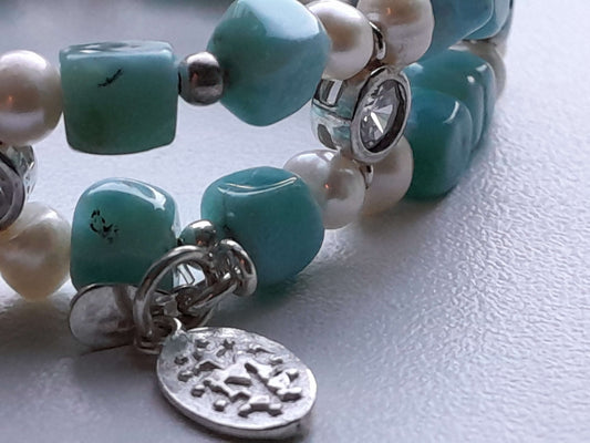 Larimar Bracelet in 925 silver with Zircon and freshwater pearl (16cm) |