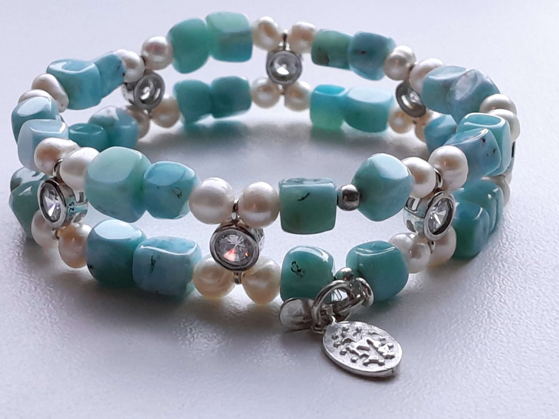 Larimar Bracelet in 925 silver with Zircon and freshwater pearl (16cm) |