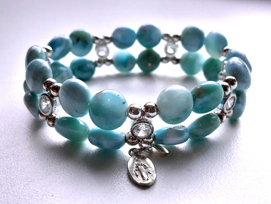 Larimar Coin Bracelet 925 sterling silver with zirconia (17cm) |