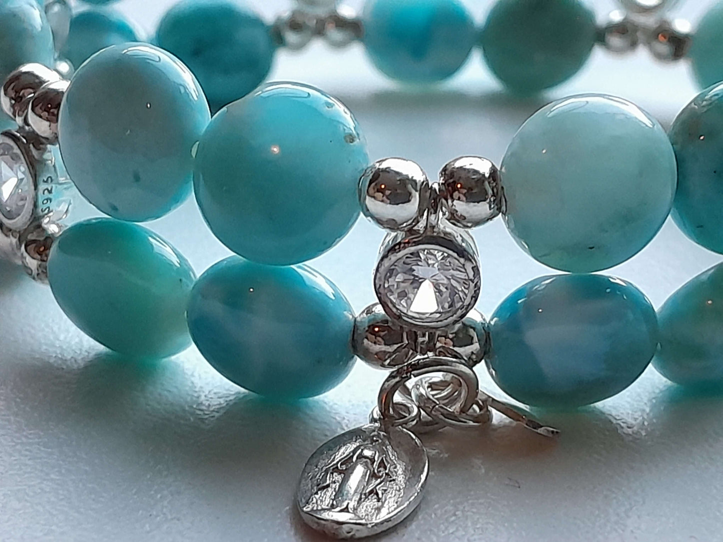 Larimar Coin Bracelet 925 sterling silver with zirconia (17cm) |