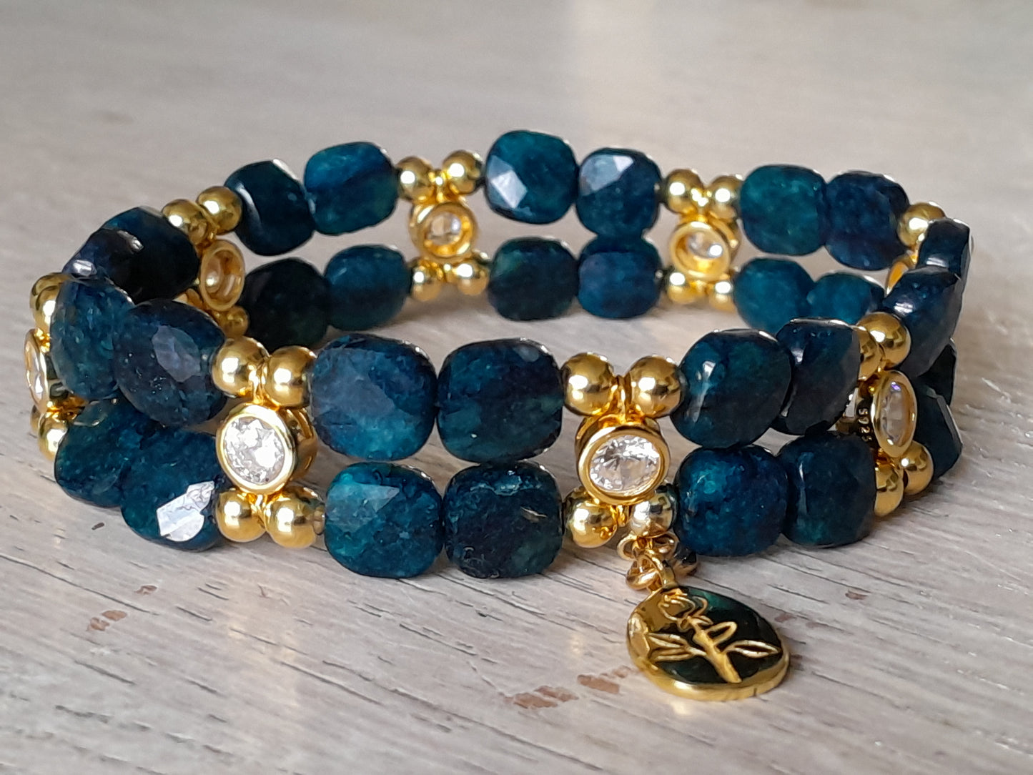 Apatite Bracelet in faceted squares - Gold plated 925 silver (18-19cm)    (4)